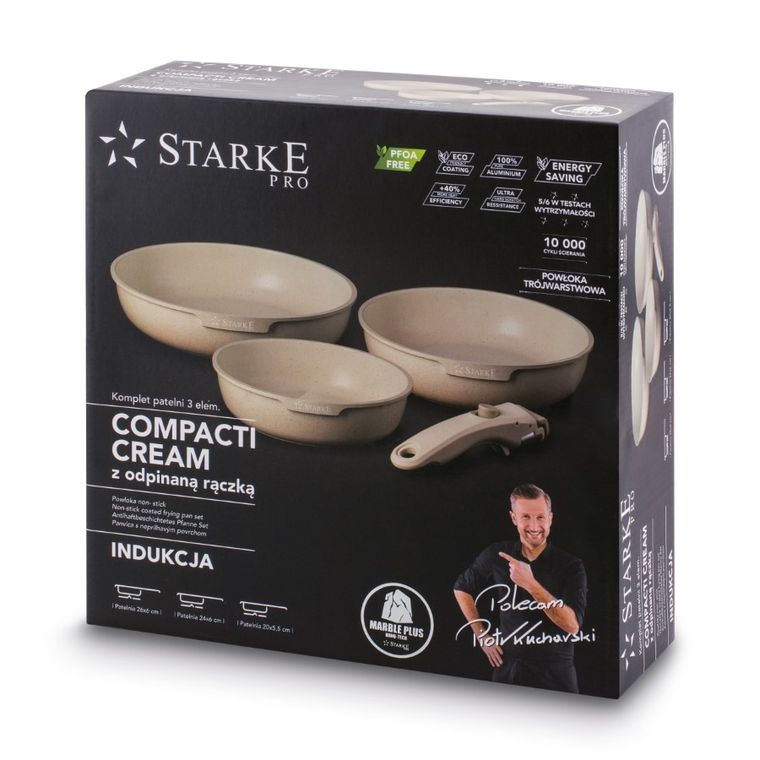 Starke Pro, Compacti Creamy, komplet patelni, 3 elementy