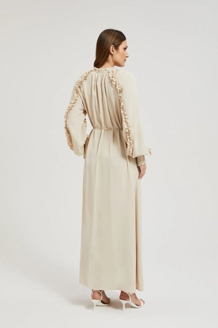 Sukienka damska z długim rękawem, beżowa, Moodo