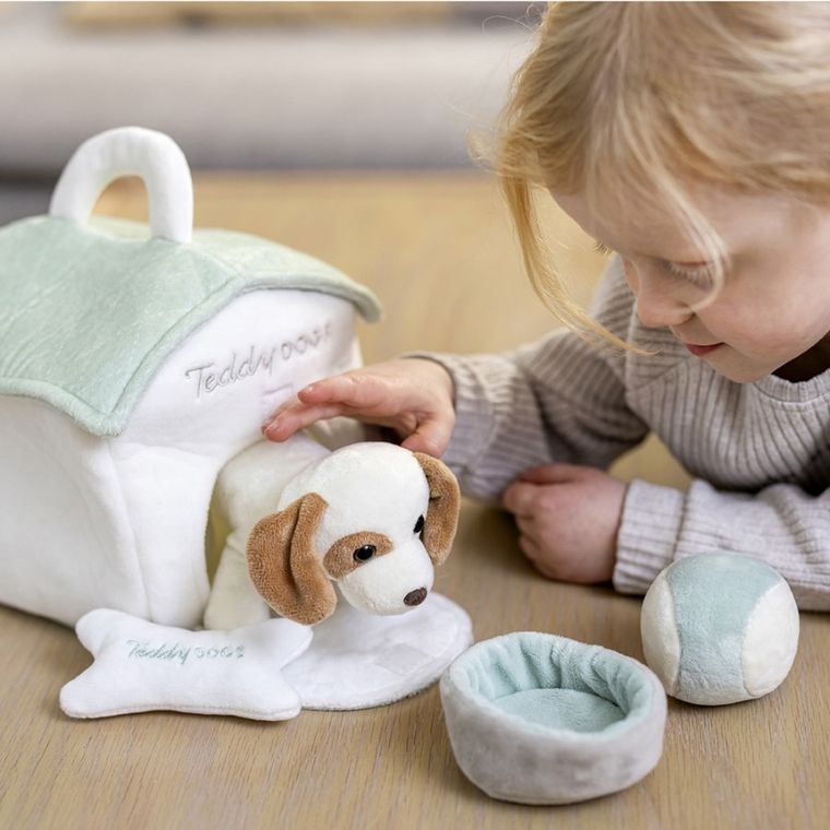 Teddykompaniet, Teddy Dogs, pluszowy piesek z budą i akcesoriami, 19-21-23 cm