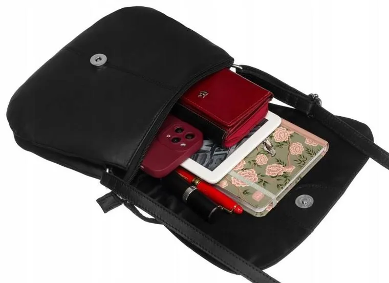 Torebka listonoszka, czarna, skórzana, Peterson