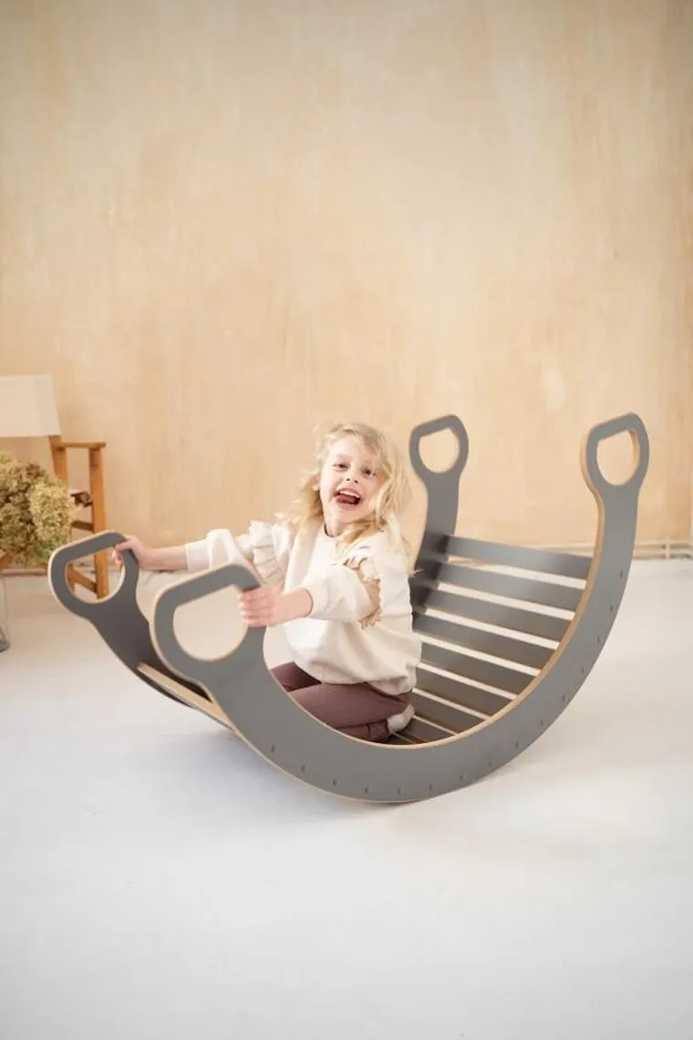 tupti.wood, 2w1: duży bujak montessori + duża zjeżdżalnia, chmurki, szara