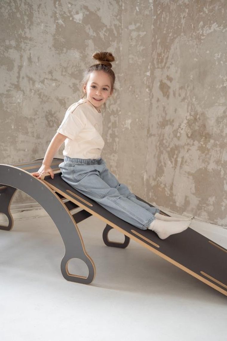 tupti.wood, 2w1: duży bujak montessori + duża zjeżdżalnia, drabinka, szara