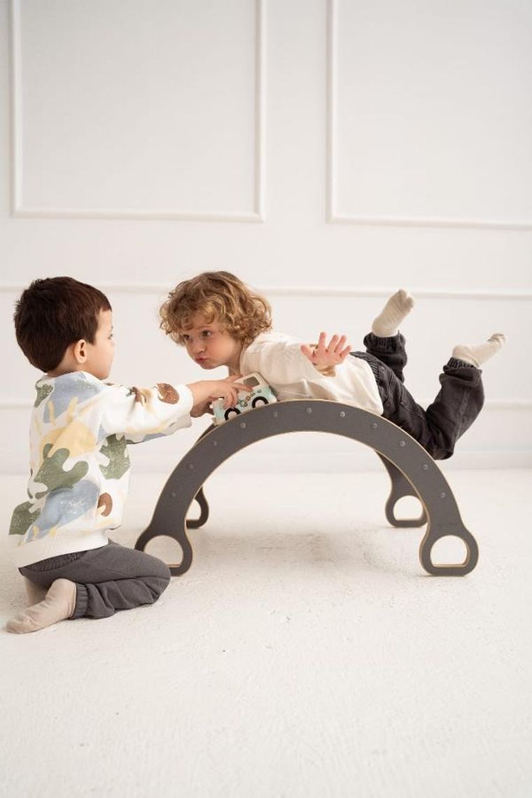 tupti.wood, 3w1: mały bujak montessori + mała zjeżdżalnia, chmurki, szary