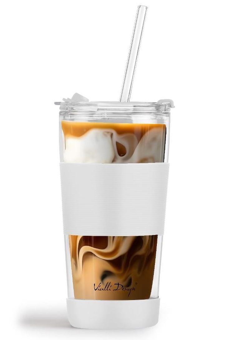 Vialli Design, kubek termiczny szklany ze słomką, 600 ml, biały Fuori