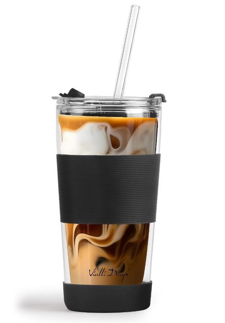 Vialli Design, kubek termiczny szklany ze słomką, 600 ml, czarny Fuori