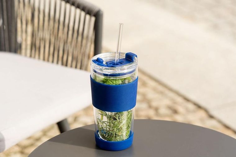 Vialli Design, kubek termiczny szklany ze słomką, 600 ml, granatowy Fuori