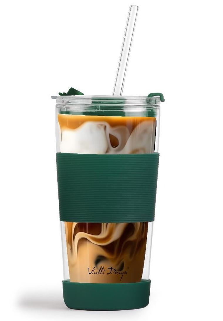 Vialli Design, kubek termiczny szklany ze słomką, 600 ml, zielony Fuori