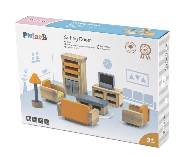 Viga, PolarB, zestaw mebelków do domku dla lalek, pokój dzienny z telewizorem