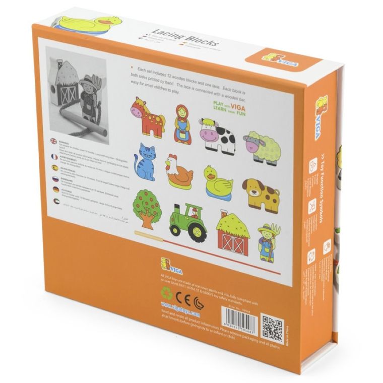 Viga Toys, Życie na farmie, klocki do nawlekania, 12 elementów