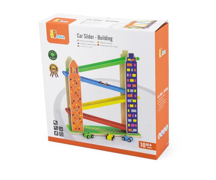 Viga, zjeżdżalnia drewniana, garaż, tor samochodowy