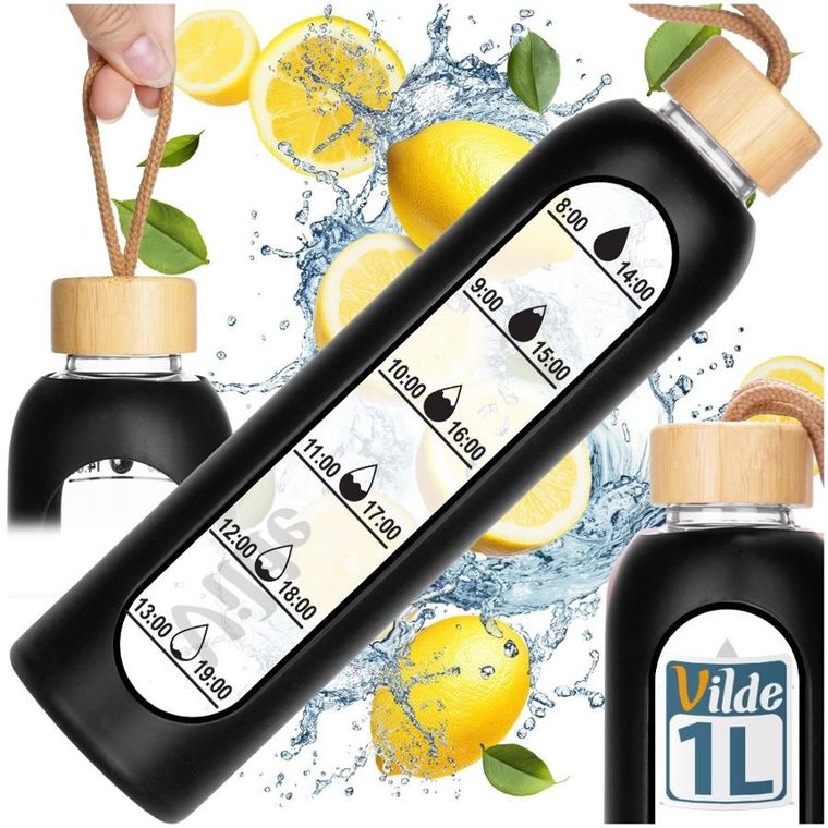 Vilde, butelka na wodę, szklana z silikonowym pokrowcem, czarna, 1l