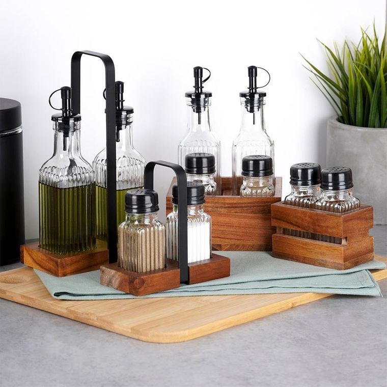 Vilde, butelki na oliwę i ocet, przyprawniki w stojaku, 5 elementów