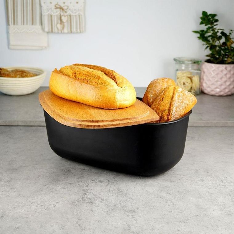 Vilde, chlebak, z drewnianą deską, czarny, 39-23.5-15.5 cm