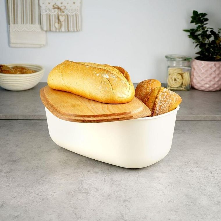Vilde, chlebak, z drewnianą deską, kremowy, 39-23.5-15.5 cm