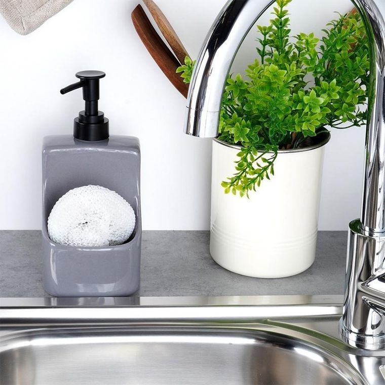 Vilde, dozownik płynu do naczyń z pojemnikiem na gąbkę i z gąbką ceramiczny, szary, 400 ml