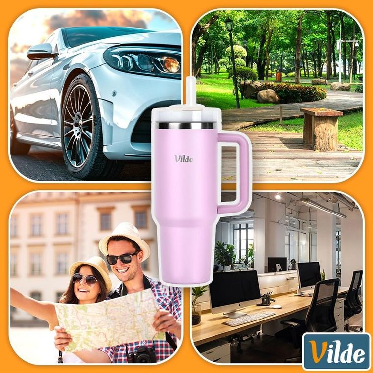 Vilde, kubek termiczny z uchwytem, stalowy, różowy, 1,2l