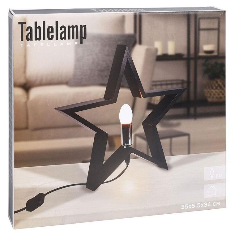 Vilde, lampa stołowa, gwiazda drewniana, czarna, 36.5-5.5-34.5 cm