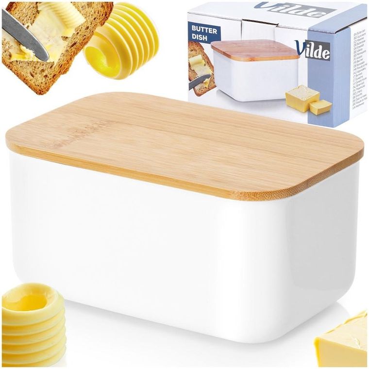 Vilde, maselniczka stalowa, biała z bambusową pokrywką