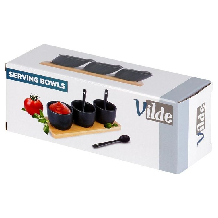Vilde, miseczki na przekąski z łyżeczkami ceramiczne, czarne, 90 ml, 7 el.