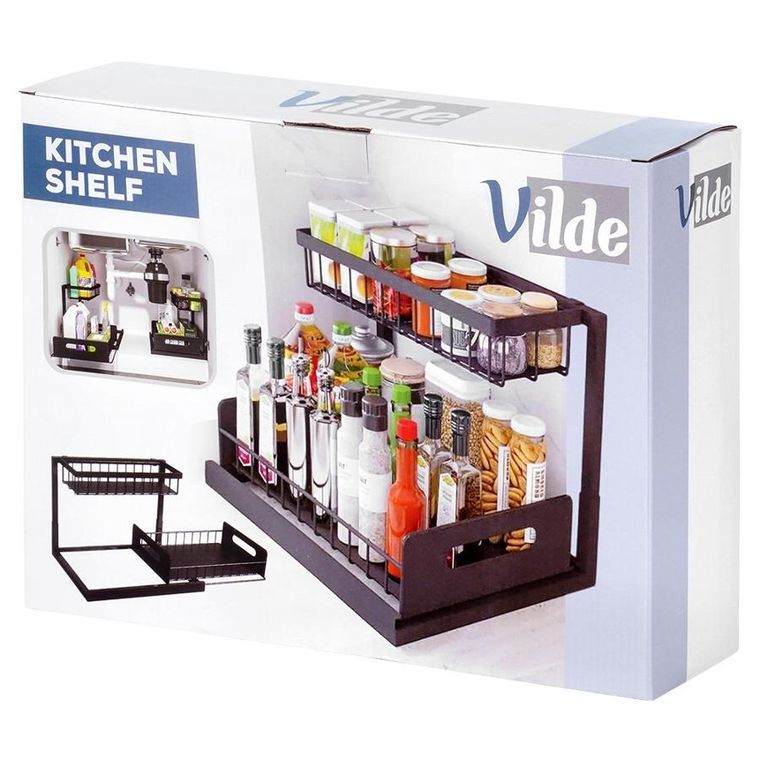 Vilde, półka kuchenna z wysuwaną szufladą, dwupoziomowa, metalowa, czarna, 36-27-28,5 cm