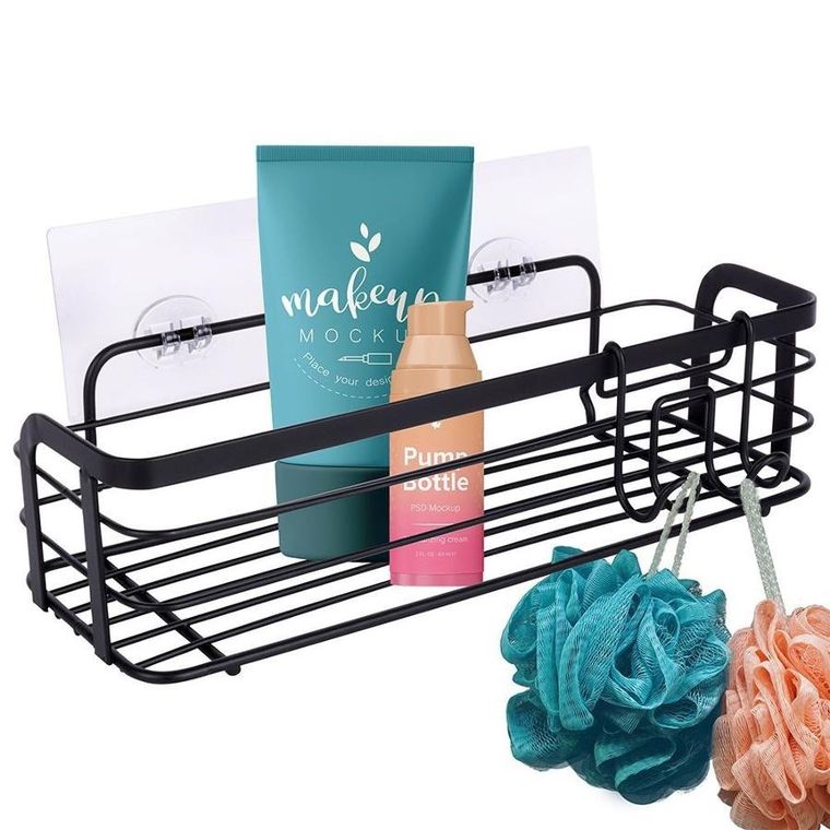 Vilde, półka pod prysznic, metalowa czarna, przyklejana, 29.5-10.5-8 cm