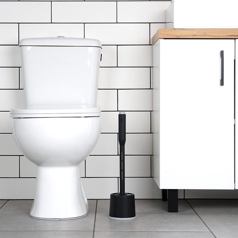 Vilde, silikonowa szczotka do toalety ze stojakiem i dozownikiem płynu, czarna, 40 cm