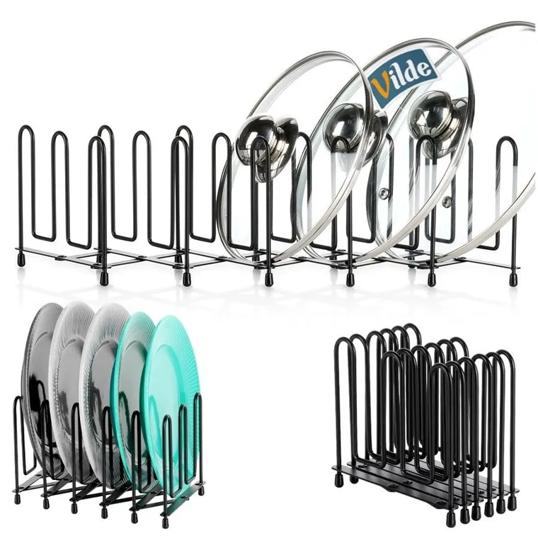 Vilde, stojak na pokrywki i talerze, rozkładany, metalowy, czarny, 8-74 cm