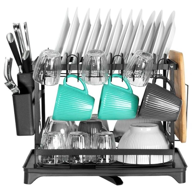 Vilde, suszarka na naczynia, metalowa, czarna, 2-poziomowa, 42-29-36,5 cm