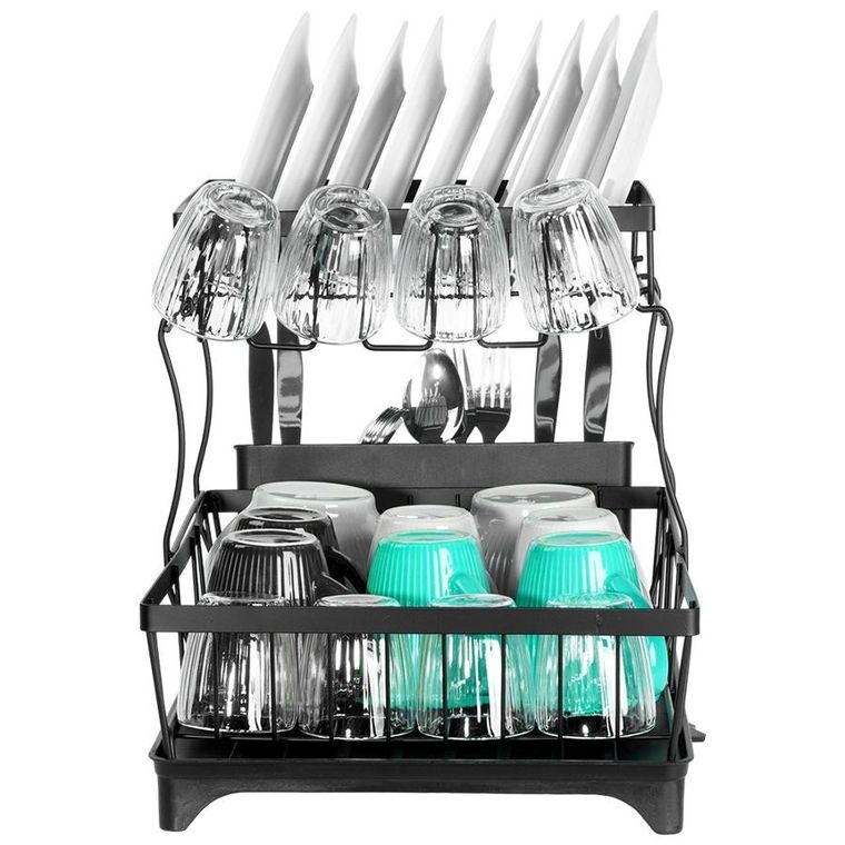 Vilde, suszarka na naczynia, metalowa, czarna, 2-poziomowa, 49,5-30-34 cm