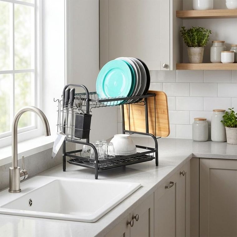 Vilde, suszarka na naczynia, metalowa, czarna, 2-poziomowa, 52-24,5-40 cm