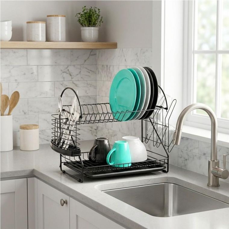 Vilde, suszarka na naczynia, metalowa, czarna, 2-poziomowa, 53-24-38,5 cm