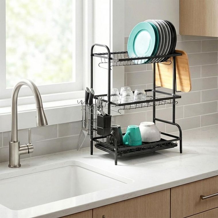 Vilde, suszarka na naczynia, metalowa, czarna, 3-poziomowa, 54,5-24,5-60 cm