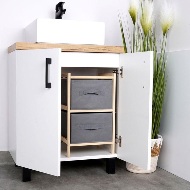 Vilde, szafka drewniana szara z dwoma szufladami, 46 cm