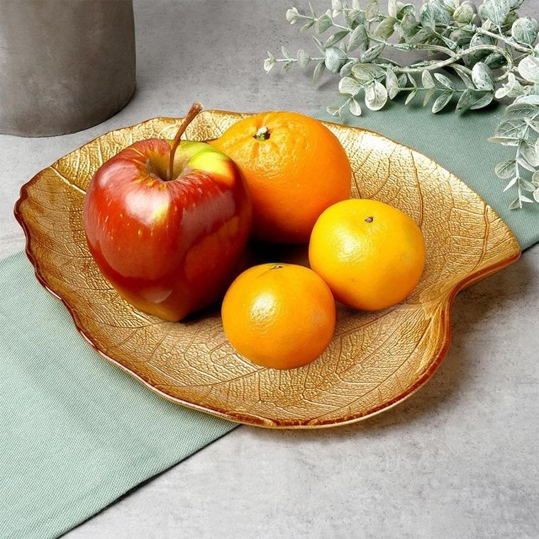 Vilde, talerz do serwowania, szklany, złoty, liść, 27,5-24 cm