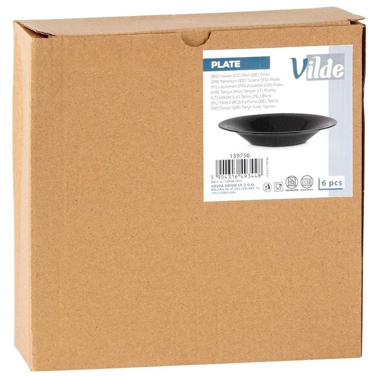 Vilde, talerze obiadowe głębokie szklane, czarne, 21,5 cm, 400 ml, 6 szt.