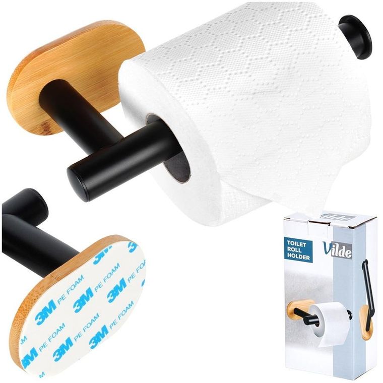 Vilde, uchwyt na papier toaletowy stalowy, bambusowy, czarny, 17 cm