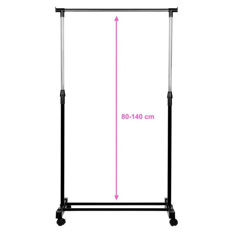 Vilde, wieszak stojący na ubrania, metalowy, czarny, na kółkach, 140 cm