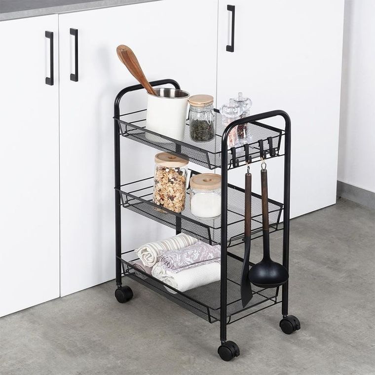 Vilde, wózek do przechowywania, metalowy czarny, 3-poziomowy