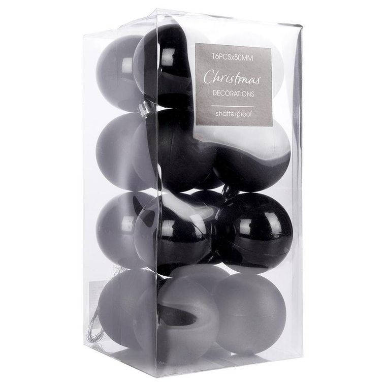 Vilde, zestaw bombek na choinkę, nietłukące, czarne, 16 szt., 5 cm