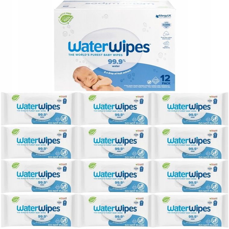 WaterWipes, BIO, biodegradowalne chusteczki, nawilżane wodą, 12-60 szt.