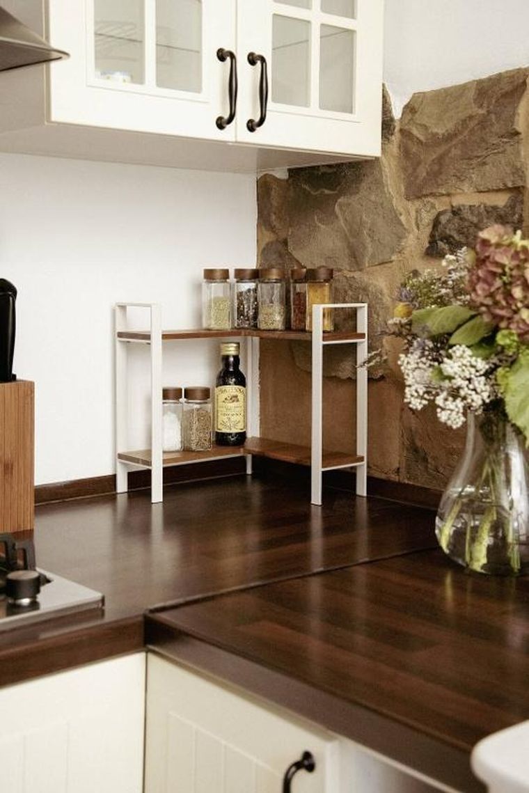 Wenko, Louisa, narożna, dwupoziomowa półka kuchenna na blat, drewno akacji