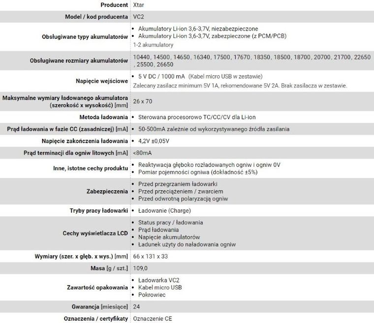 Xtar, ładowarka do akumulatorów cylindrycznych, LI-ION, VC2