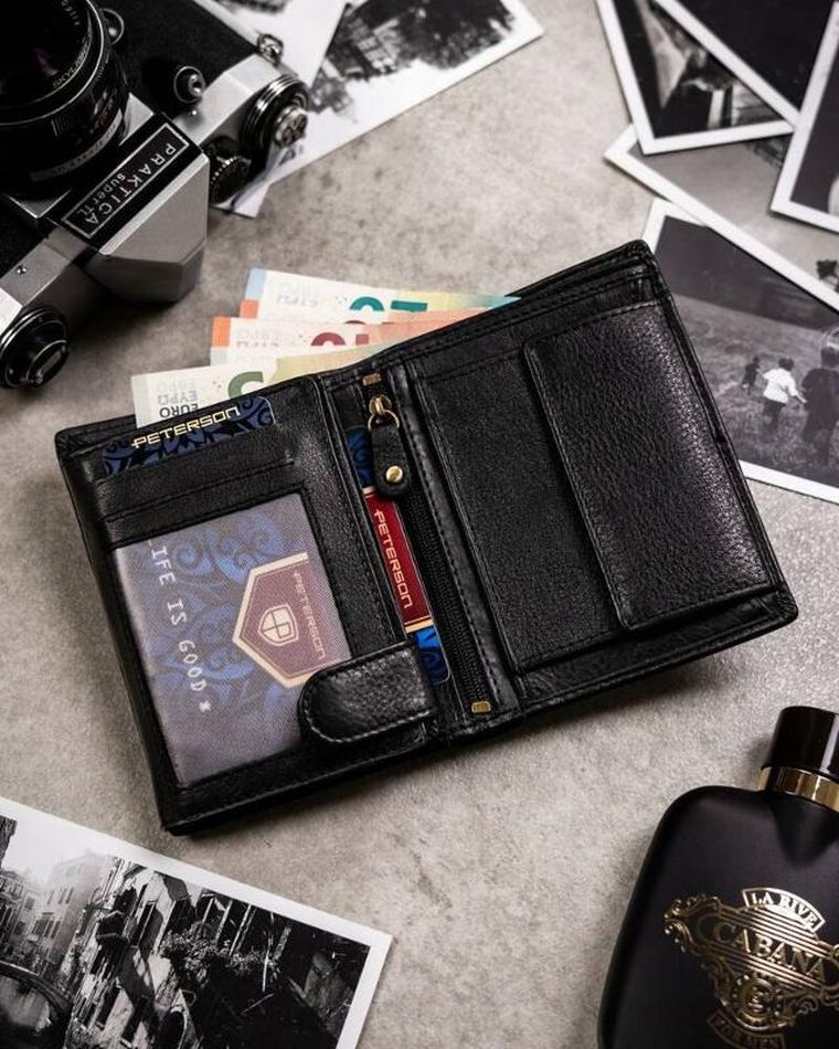 Zestaw: Portfel, Brelok, czarny, skórzany, RFID, Peterson
