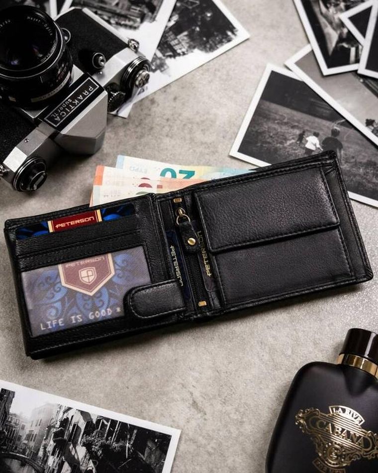 Zestaw: Portfel, Brelok, czarny, skórzany, RFID, Peterson