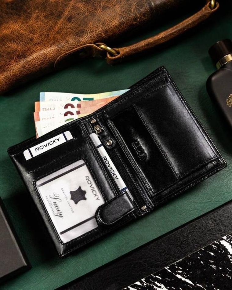 Zestaw: Portfel, Brelok, czarny, skórzany, RFID, Rovicky