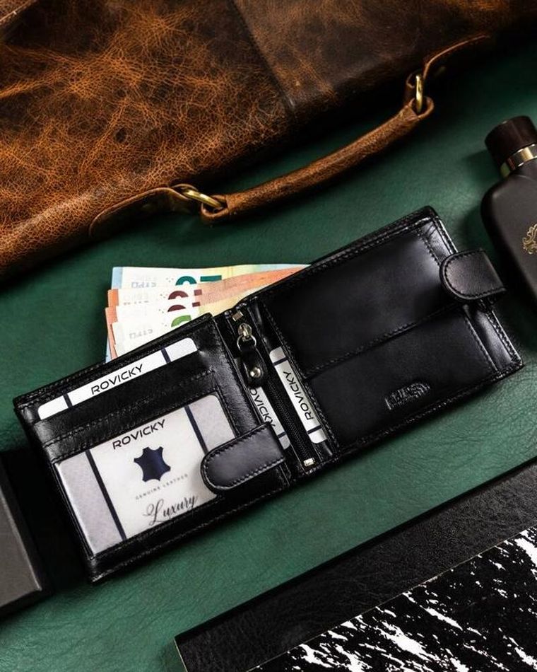 Zestaw: Portfel, Brelok, czarny, skórzany, RFID, Rovicky