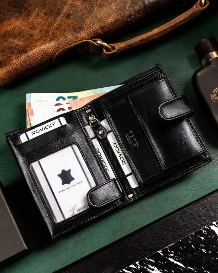 Zestaw: Portfel, Brelok, czarny, skórzany, RFID, Rovicky