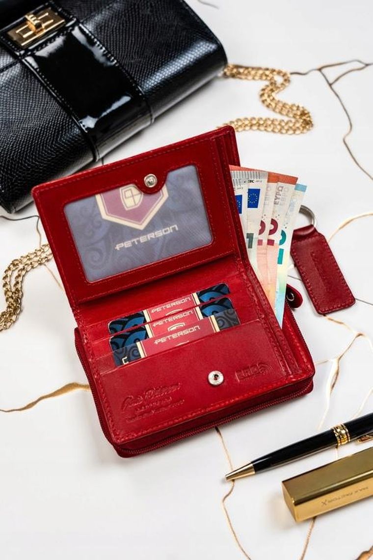 Zestaw: Portfel, Brelok, czerwony, skórzany, RFID, Peterson