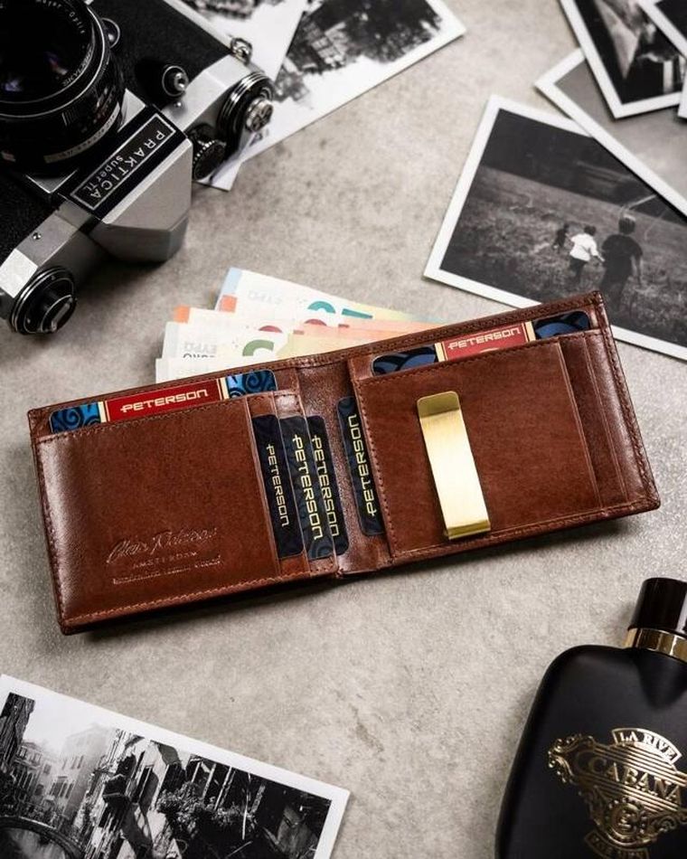 Zestaw: Portfel, Etui na karty, Brelok, brązowy, skórzany, RFID, Peterson
