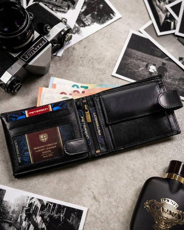 Zestaw: Portfel, Etui na karty, Brelok, czarny, skórzany, RFID, Peterson